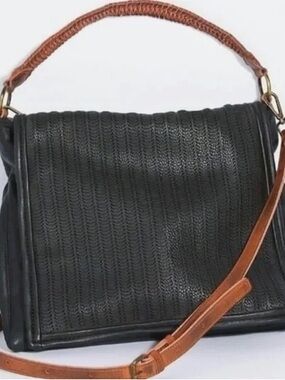 Free People Black Woven Shoulder Bag with Brown Strap